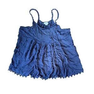 Stylus Navy Blue Pom Pom Trim Pleated Babydoll‎ Camisole Tank Top Large